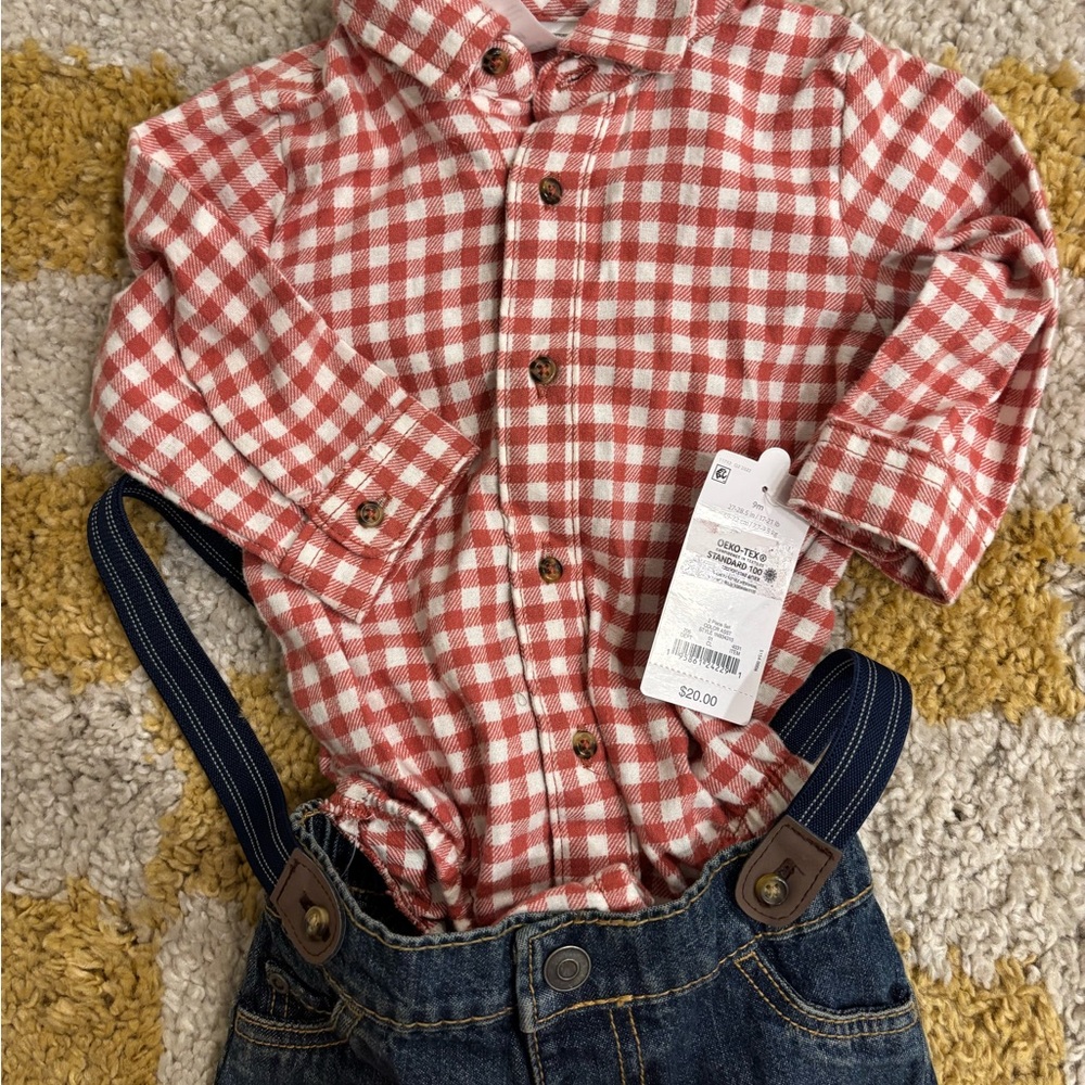NWT Carter's Red Checkered Baby Shirt, Jeans & Suspenders